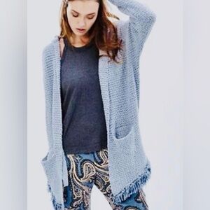 Free People Love Me Tender Knit Hooded Cardigan Fringe Hem Open Front S